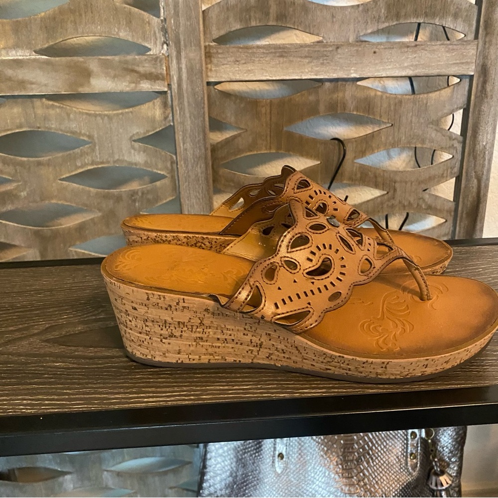 Clarks Brown Sandals with Cork Wedge and Braided Details